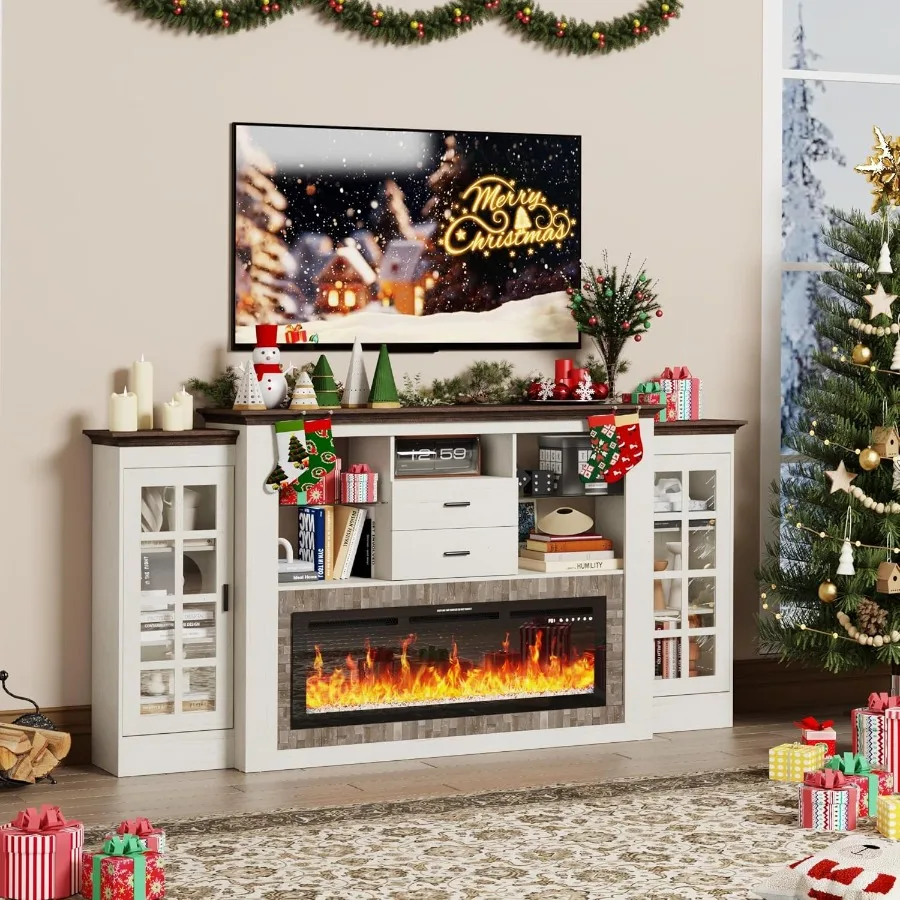 เตาผิงไฟฟ้า 85 นิ้ว พร้อมชั้นวางทีวีและชั้นวางของ  พร้อมเตาผิงไฟฟ้า 42 นิ้ว สำหรับทีวี 65 นิ้ว พร้อมเต้ารับไฟฟ้าในตัว สไตล์ฟาร์มเฮาส์