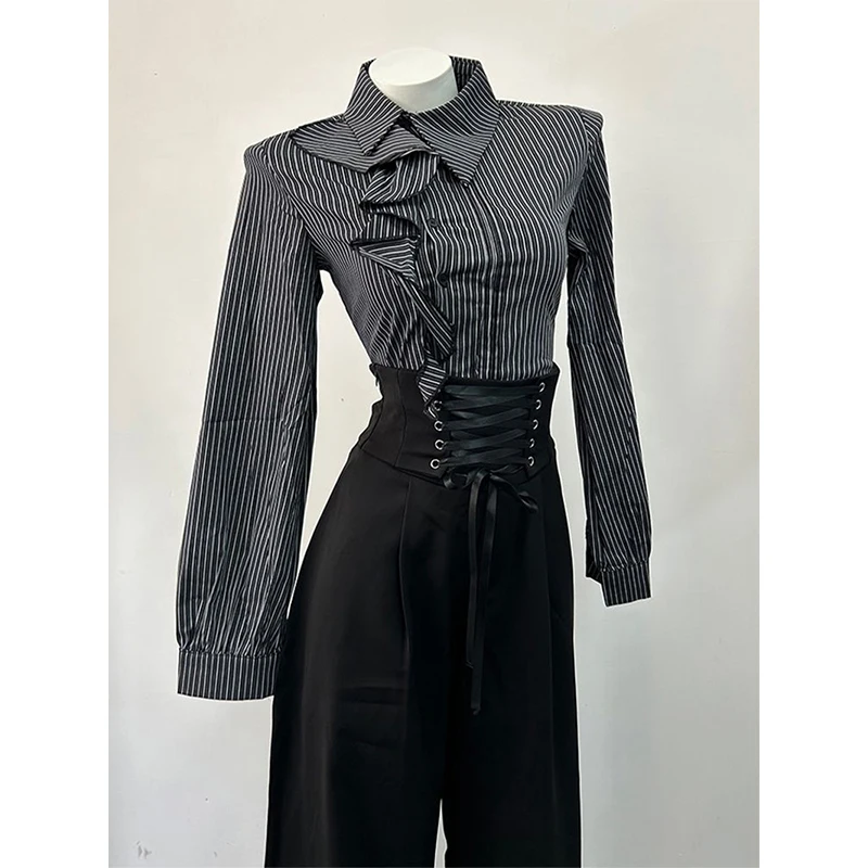 Japanese Vintage Striped Shirts Women Harajuku Gothic Ruffles Patchwork Blouses Ladies Elegant Korean Long Sleeve Design Tops