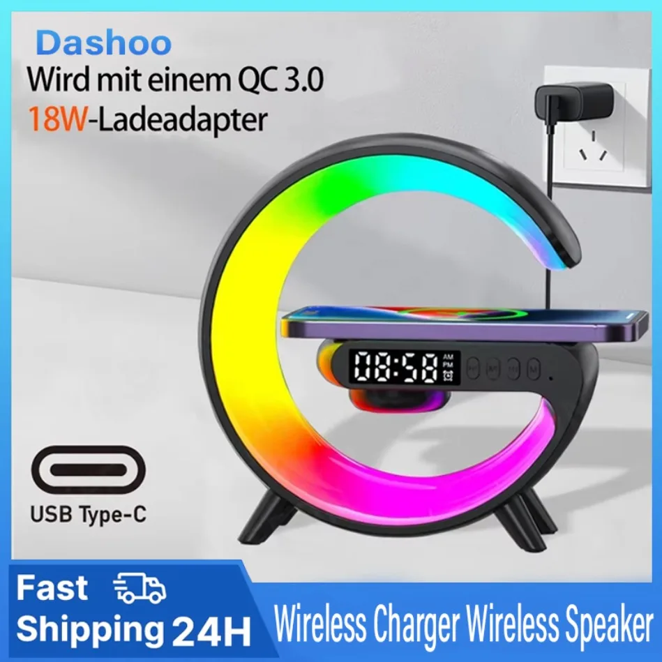 Universally 15W Wireless Charger Multi Functional Wireless Speaker with RGB Night Light Alarm Clock For iPhone  Samsung Xiaomi