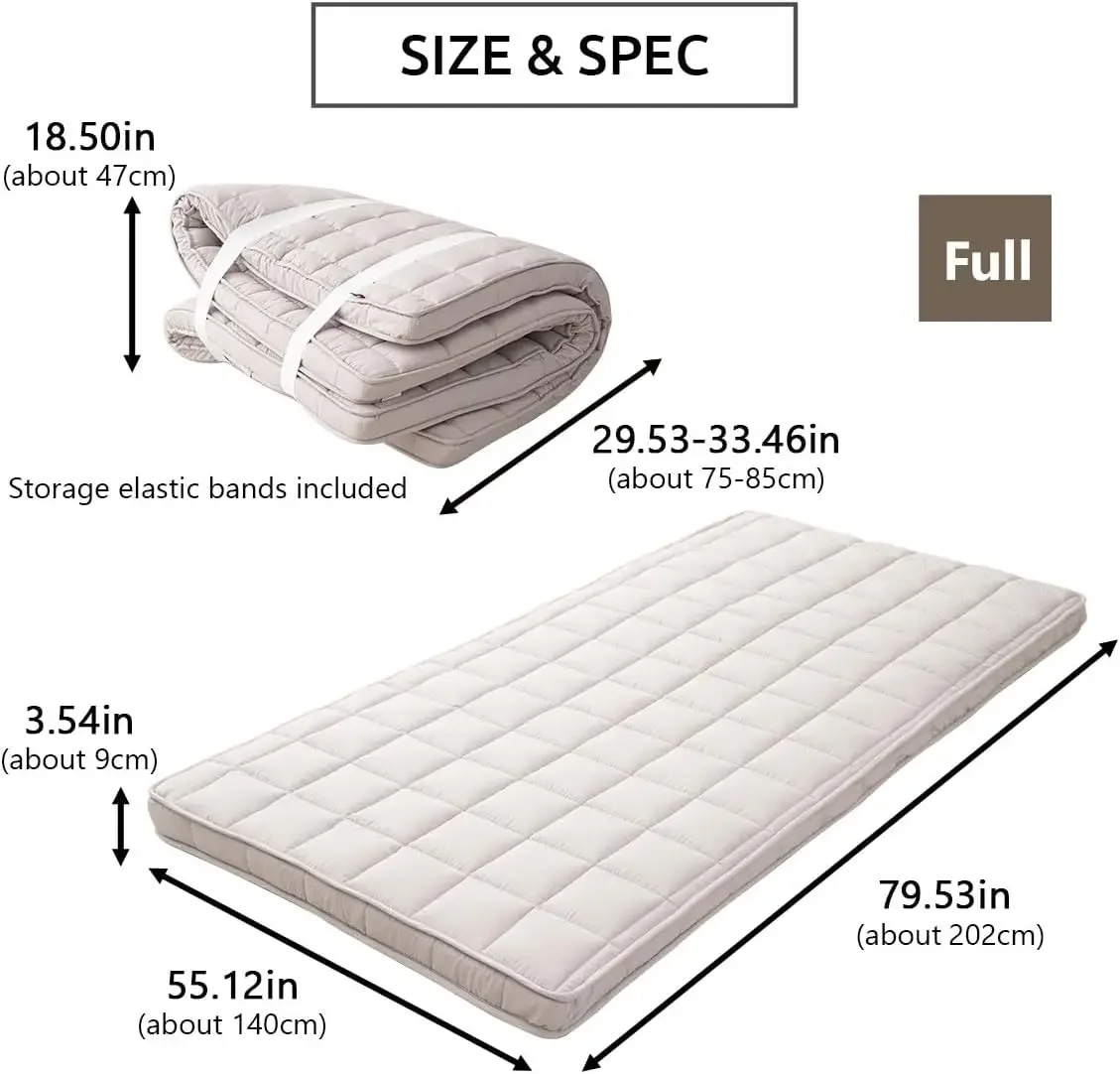 Japanese Padded Futon Mattress Machi Full Gray, Gusset Foldable Storable Elastic Bands Floor Sleeping Guest Bed Tatami Mat