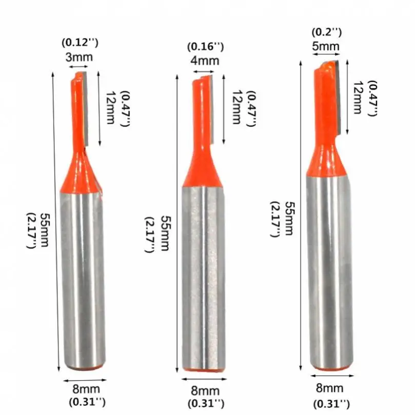 3pcs/set 8mm Shank Carbide Alloy Straight Router Bits for Wood Working,Tungsten Alloy Single Edged Straight Cutter Set