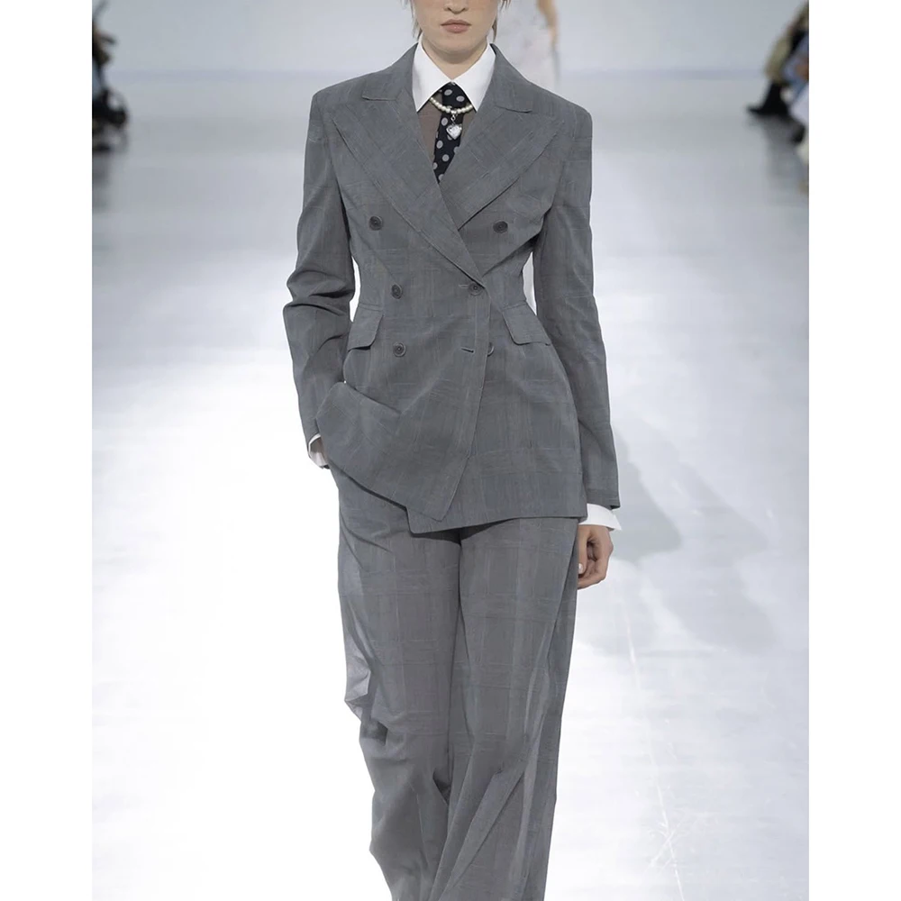 

2025 New Women's Solid Color Runway Style Suit 2 Piece Jacket Pant Sets Double-Breasted Peak Lapel Formal Office Fashion Outfit