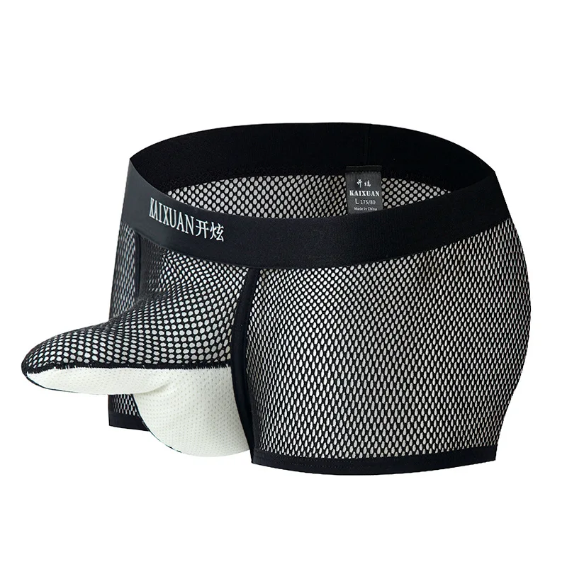 Men's Mesh Low-Rise Boxer Briefs, Sexy Hollow-Out Breathable Underwear, Ball Separation Bulge-Enhancing Trunks  Gays Underpants