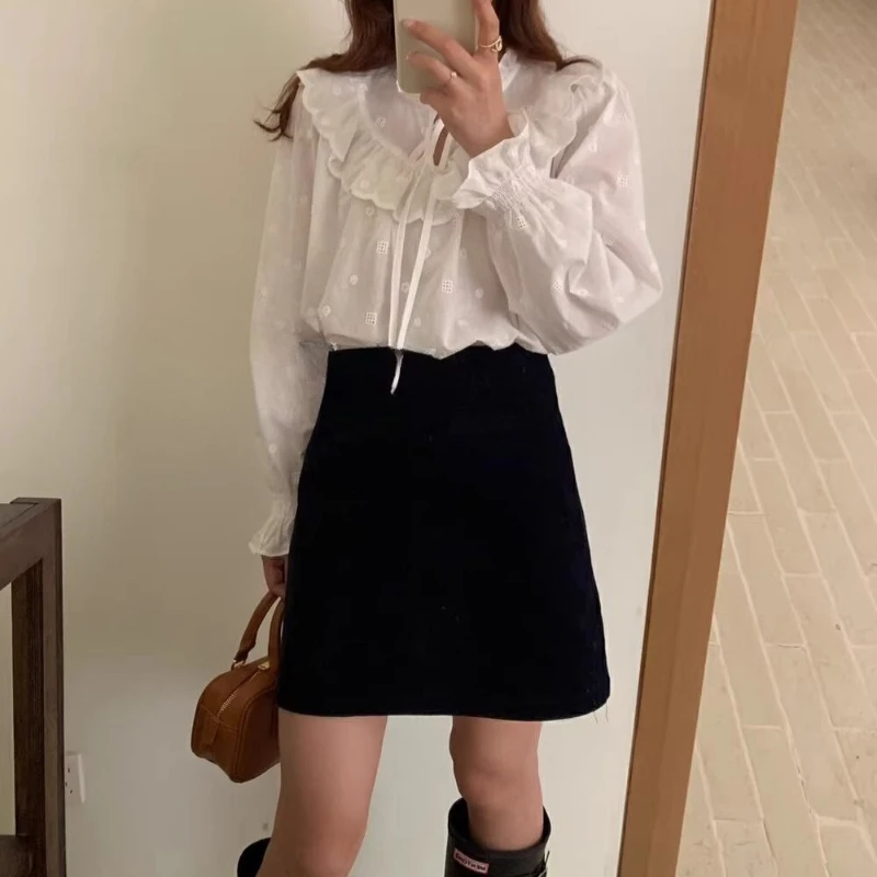 Kawaii rendas até babados camisas femininas branco bordado manga longa moda coreana blusas transparentes soltas lolita topos