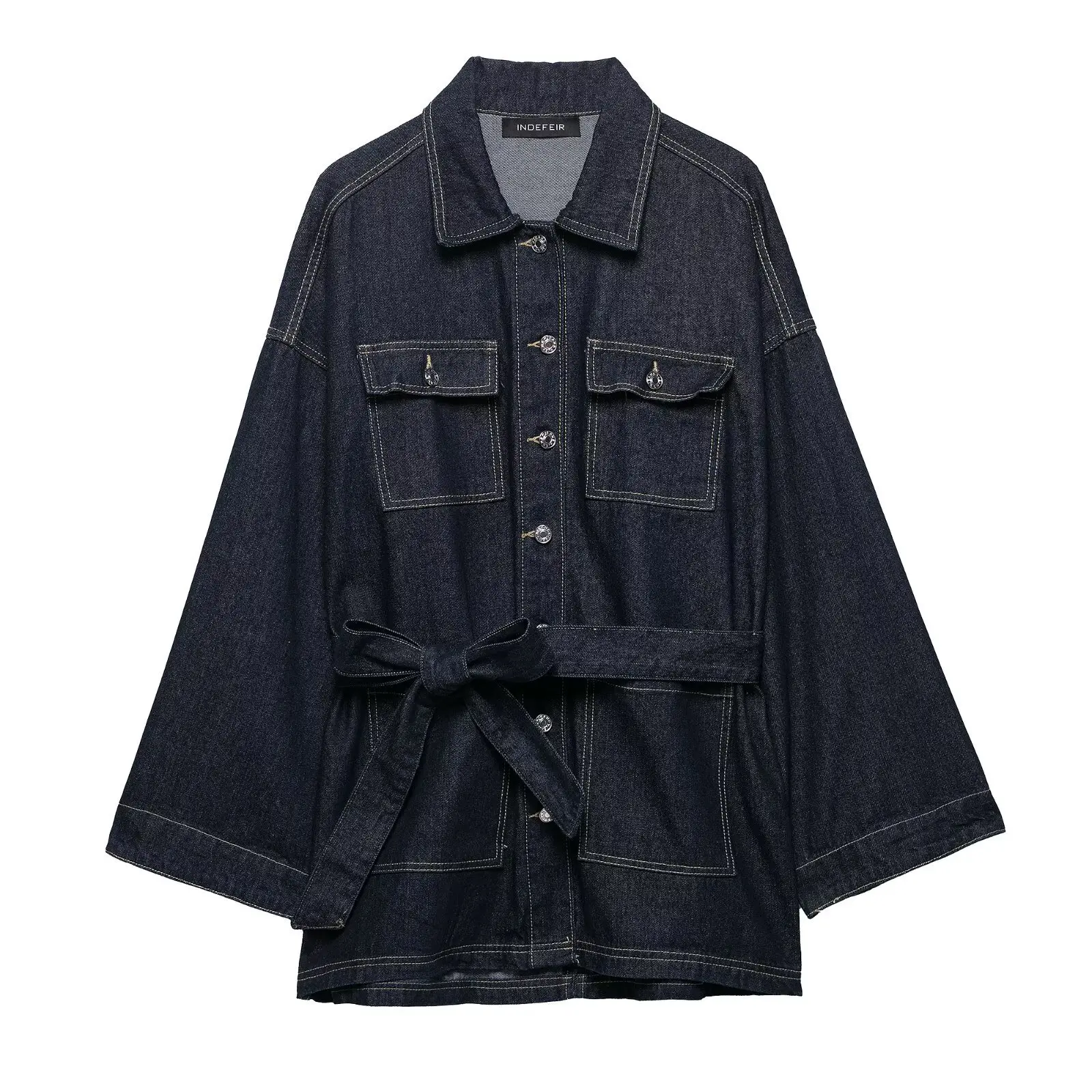 Giacca di jeans da donna Cinghie di colore solido Vita stretta Colletto couverture Giacca versatile casual primaverile autunnale alla moda 2025 Nuovo