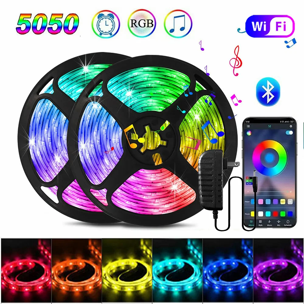 RGB LED Strip Lights WiFi Bluetooth Remote Control Flexible Ribbon Tape Diode Led Lamp for Room Decoration Lighting with EU Plug