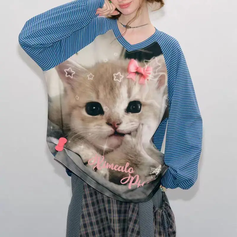 Funny Retro Cute Bow Kitten Print Oversized V‑Neck Top Y2K Aesthetic Long Sleeve T‑Shirt Loose Fit Harajuku Streetwear for Women