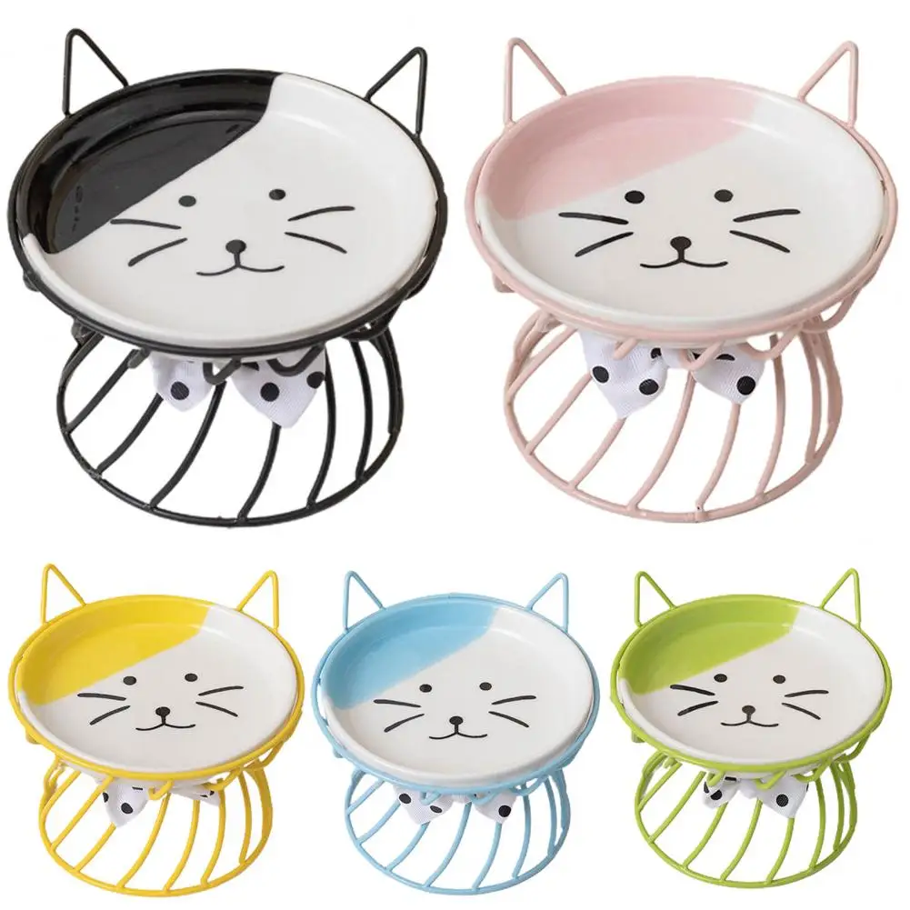 Pet Bowl Elevated Ceramic Cat Food Bowls with Metal Stand for Anti-vomiting Whisker-friendly Feeding Capacity Pet Dish for Dogs