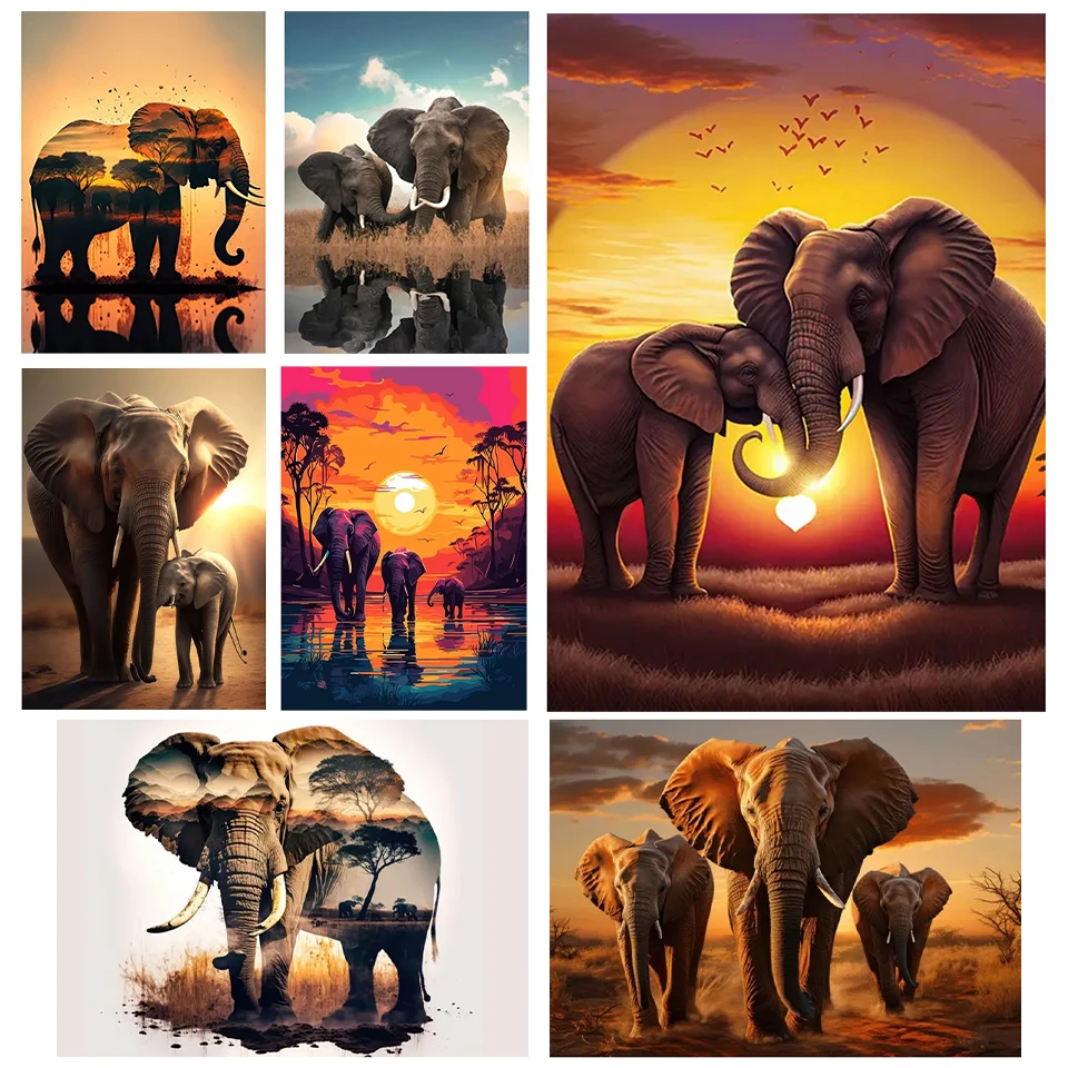 

Vintage Elephant Sunset Landscape Wild Elephant Animals 5DDIY Diamond Painting Art Wall Picture Living Room Home Decoration