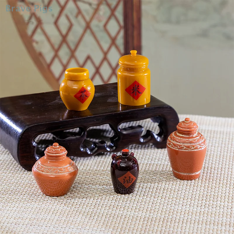 6Pcs 1:12 Dollhouse Miniature Wine Altar Tea Jar Clay Pot Flowerpot Vase Home Model Decor Toy Doll House Accessories