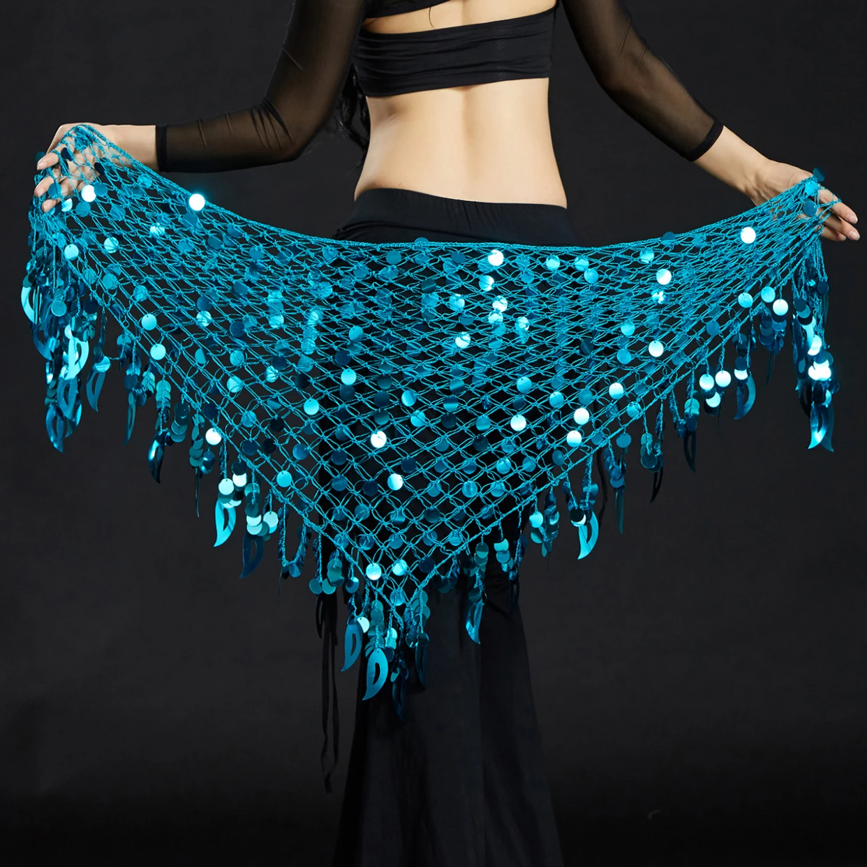 New Belly Dance Hip Scarf Triangle Mesh Diamond HipTowel Multi Layer Tassel Beaded Waist Chain Group Versatile Practice