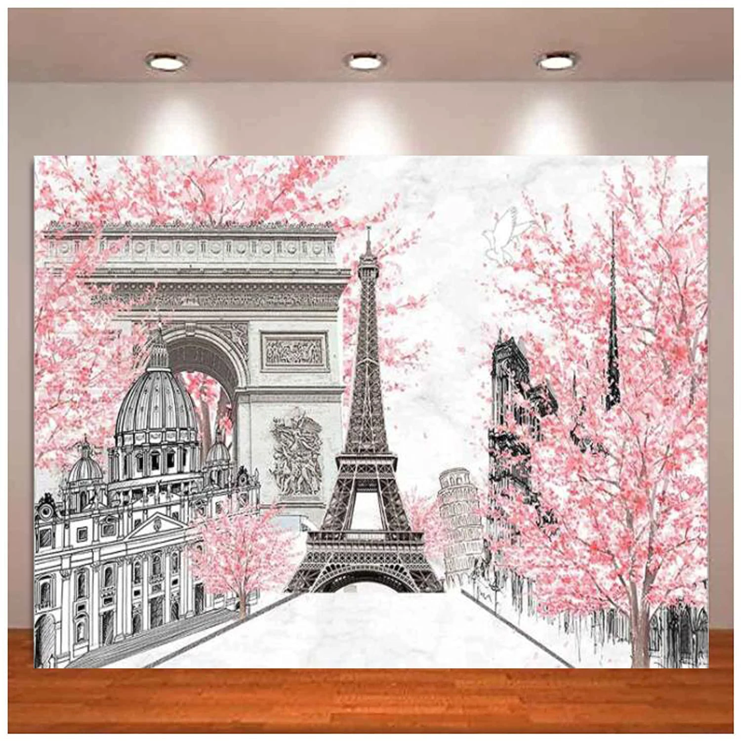 

Pink Flowers Trees Eiffel Tower Theme Photography Backdrop Paris Photo Baby Shower Princess Birthday Wedding Party Background