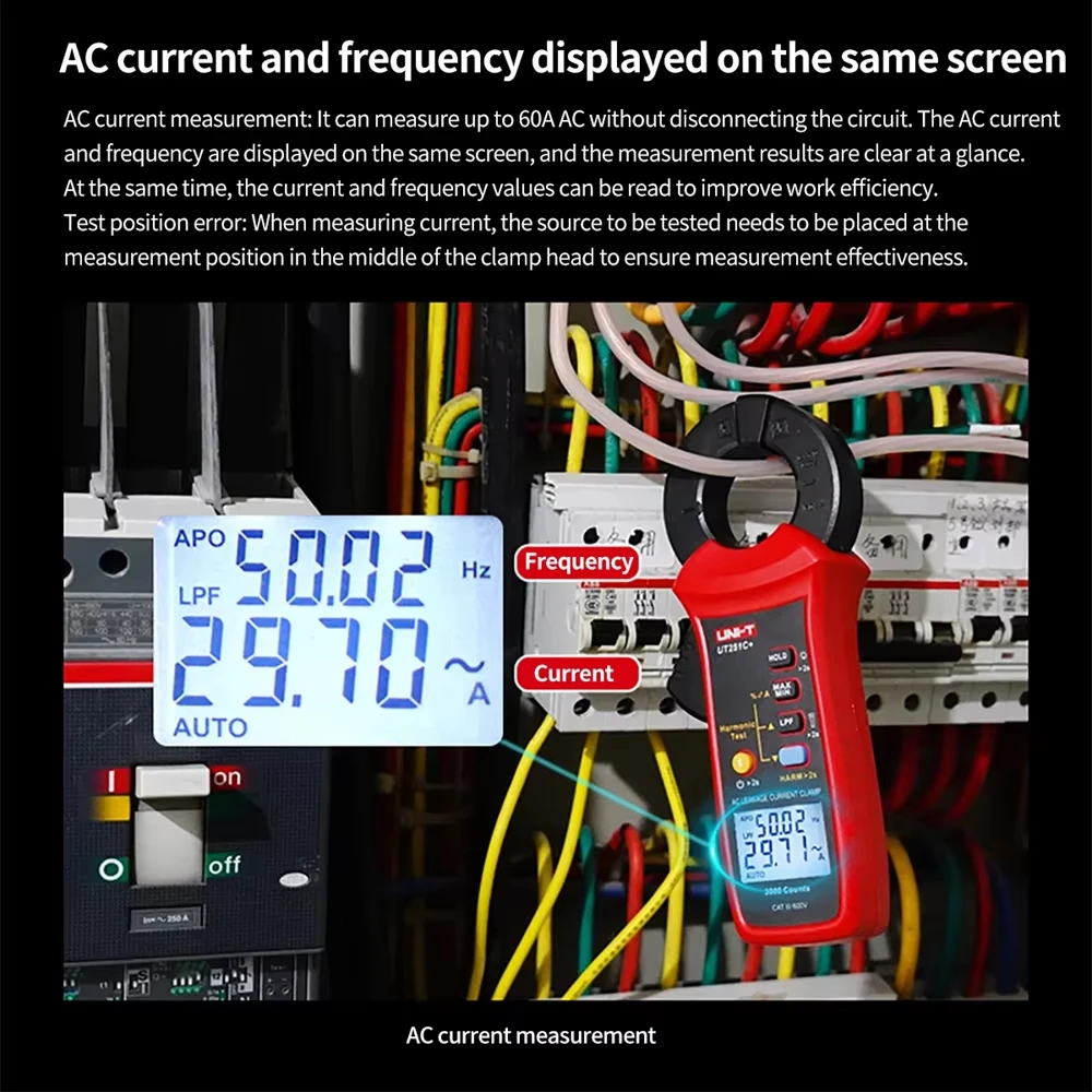 UNI-T UT251C + Pinza amperometrica corrente di dispersione 60A AC Pinza amperometrica digitale Vero RMS PEAK Hold Bluetooth LPF Misura test armonico