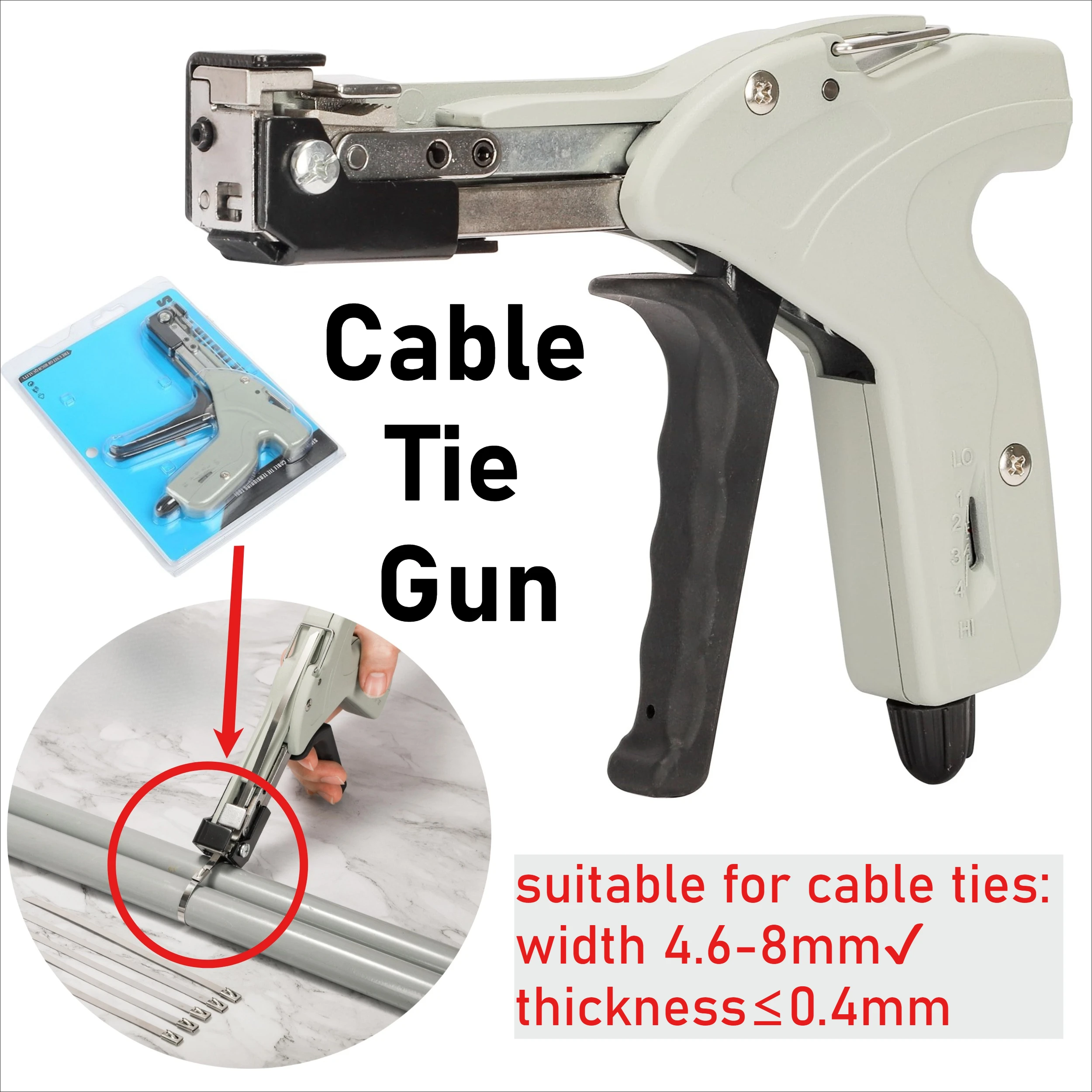 Metal Zip Ties Cutter 304 Stainless Steel Cable Tie Gun Can Adjust Tightness One Hand Type for Self-Locking Heavy Duty