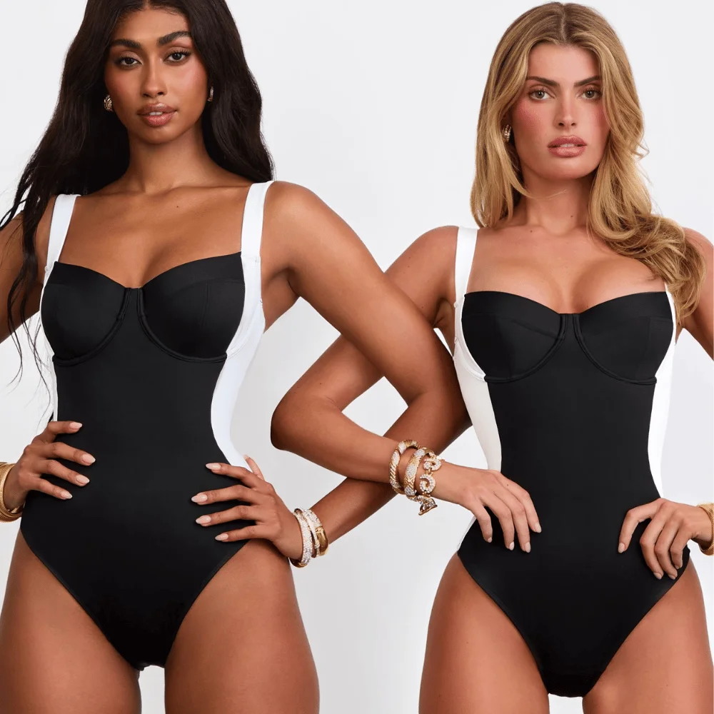 Conjunto de traje de baño de una pieza moldeador con tirantes negros con Control de barriga, traje de baño bohemio para mujer, Bikini de talla grande con realce, trajes de baño sólidos