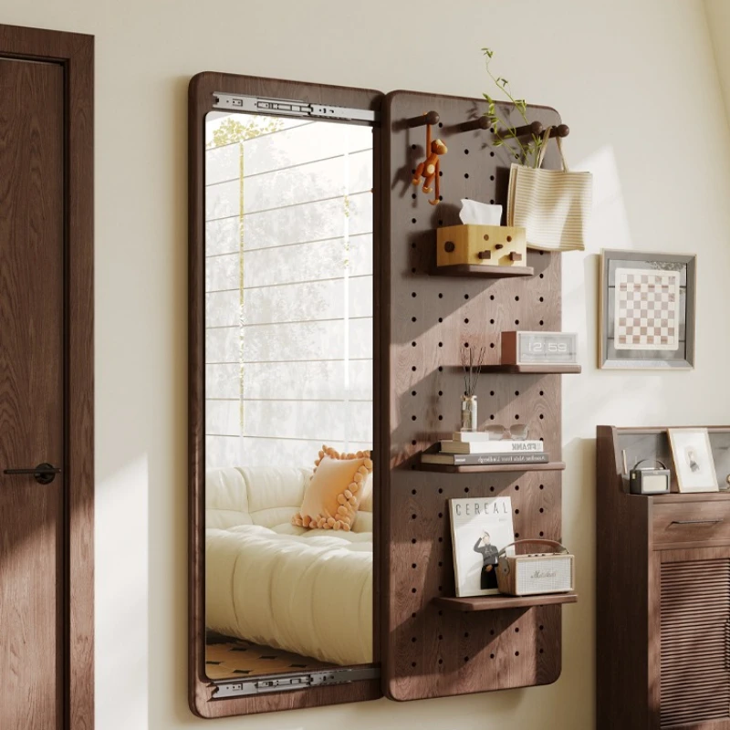 

Perforated board dressing mirror, solid wood hidden sliding and pulling full-length mirror, home wall mounting
