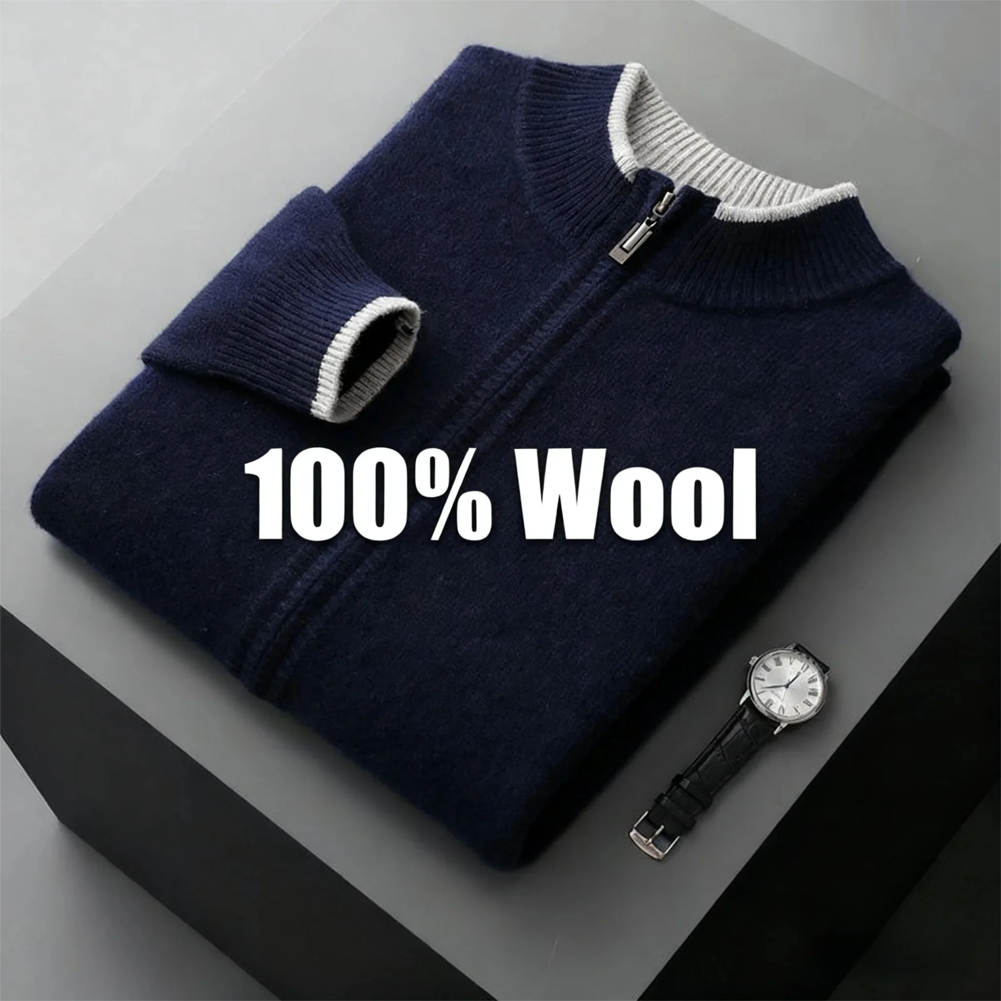

Autumn Winter New Men's Color-Blocking Zip-Up Sweater Half High Neck Wool Fashion Trend Outerwear Business Knitwear Men