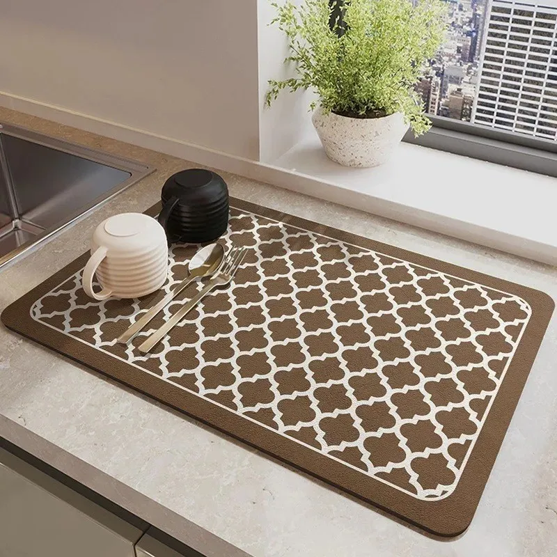 VIKAMA Black White Geometric Lattice Diatomaceous Earth Dish Drying Mat, Non Slip Absorbent Kitchen Sink Draining Pad