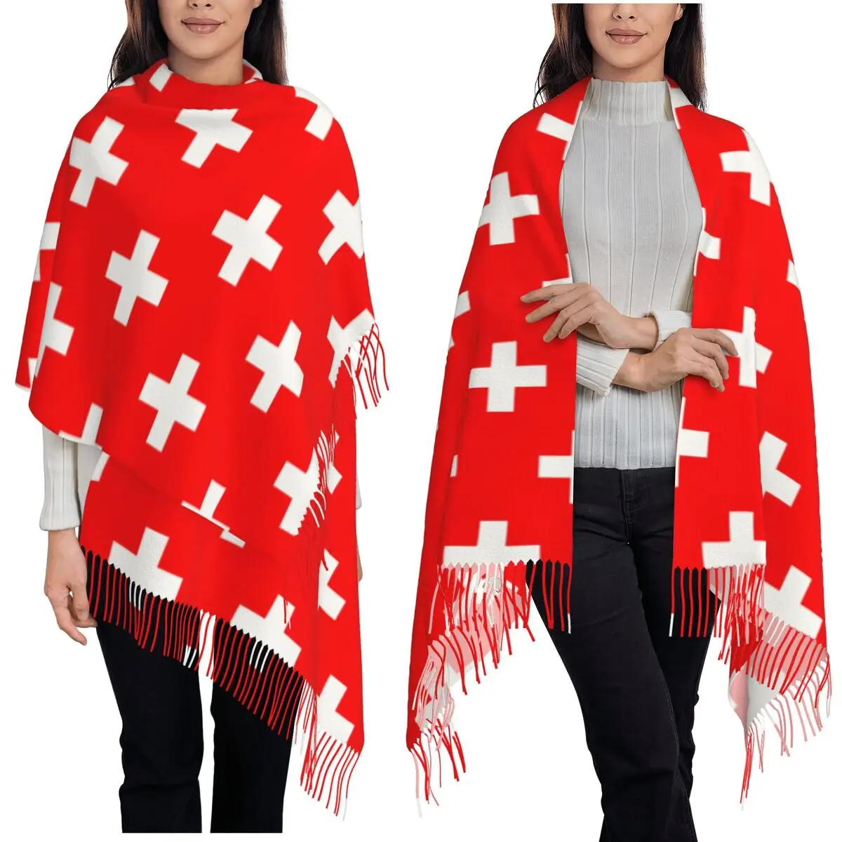 Swiss Switzerland Flag Scarf Tassel Scarves Women Soft Warm Shawls and Wraps Long Fall Winter Shawl Wrap