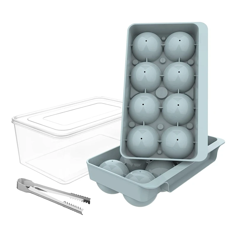 Ice-Cube Tray, 2 Pack Sphere Ice-Cube Mold With Bin&Tong, 2.5 Inch Whiskey Ice Mold, Storage Box