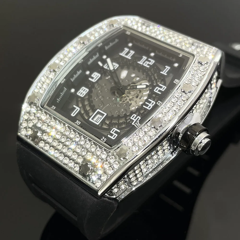 

MISSFOX 2023 New Arrival Tonneau Men Watches Iced Out Full Diamond Rubber Strap Watch Hollow Dial Design Luxury Sport Male Clock