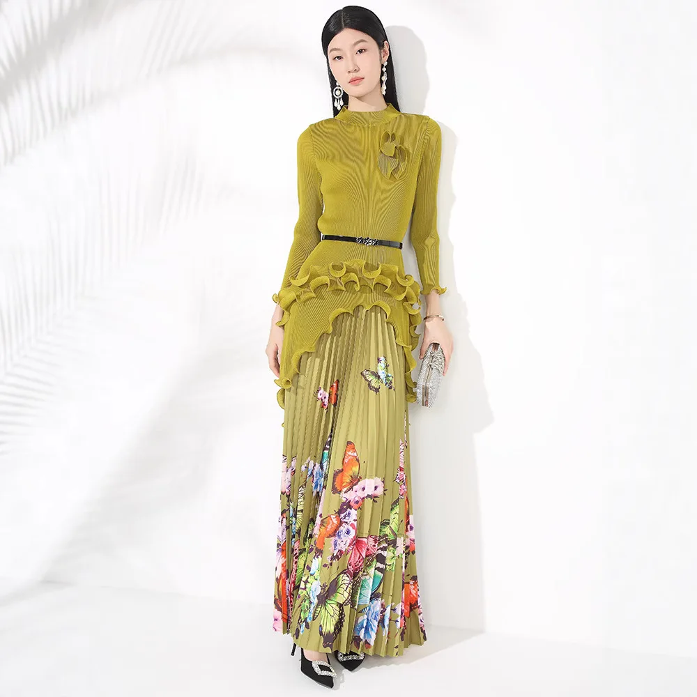 Set Atasan Pullover Tidak Beraturan Leher Bulat Kualitas Tinggi Keriput Rok Setengah Panjang Lantai Gambar Cetak Kupu-kupu Wanita Set Dua Potong Musim Panas