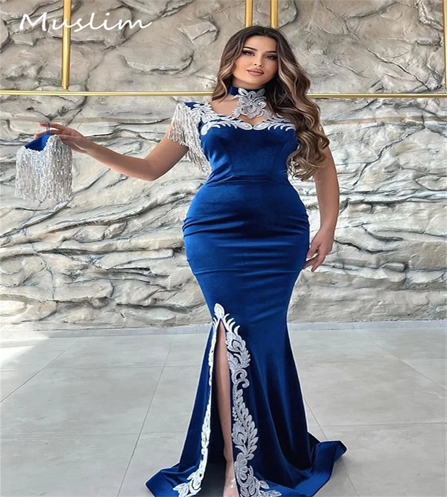 Vintage Blue Moroccan Evening Dress With Detachable Train Appliques Mermaid Velvet Prom Dress Arabic Israel Party Customized