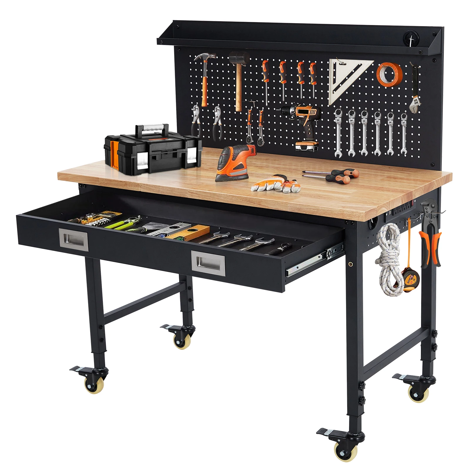 48’’x24’’ Adjustable Workbench,Workbench with Drawers,Workbench with Pegboard,2000 LB Load Capacity,4 Rolling Casters