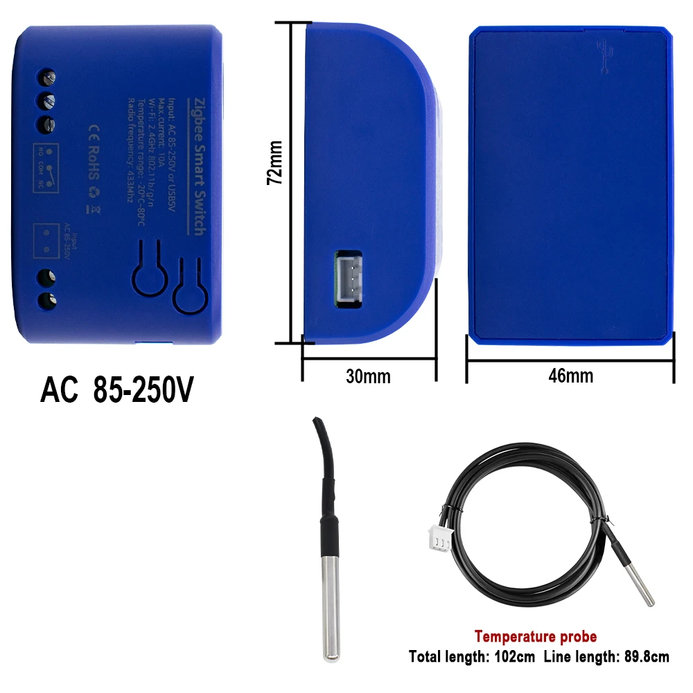 2 шт. Zigbee 16A 2000 Вт WIFI умный переключатель температуры переменного тока 12 В/220 В с датчиком температуры мониторинг данных работает с Alexa, Tuya