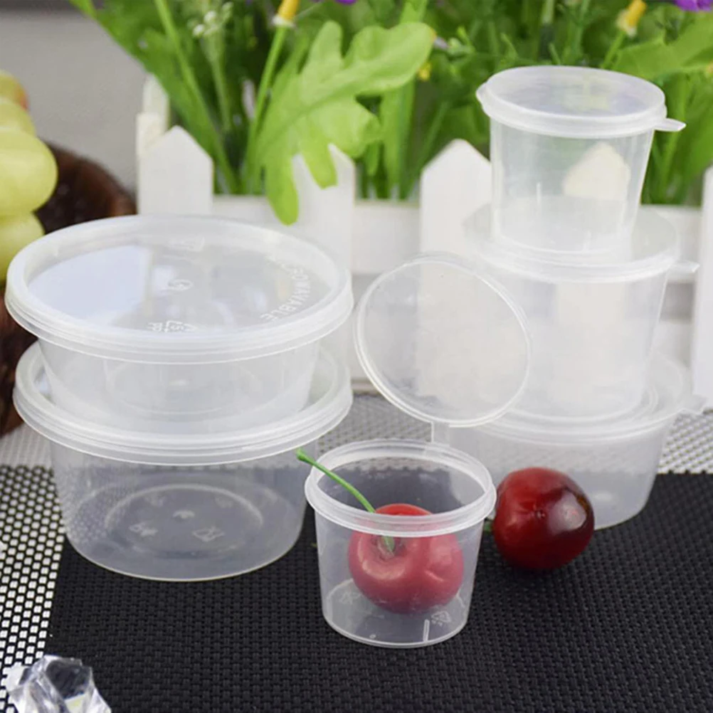 

100pcs Disposable Plastic Sauce Cups Yogurt Jelly Containers for Party BBQ Weddings Catering Round Lids Storage