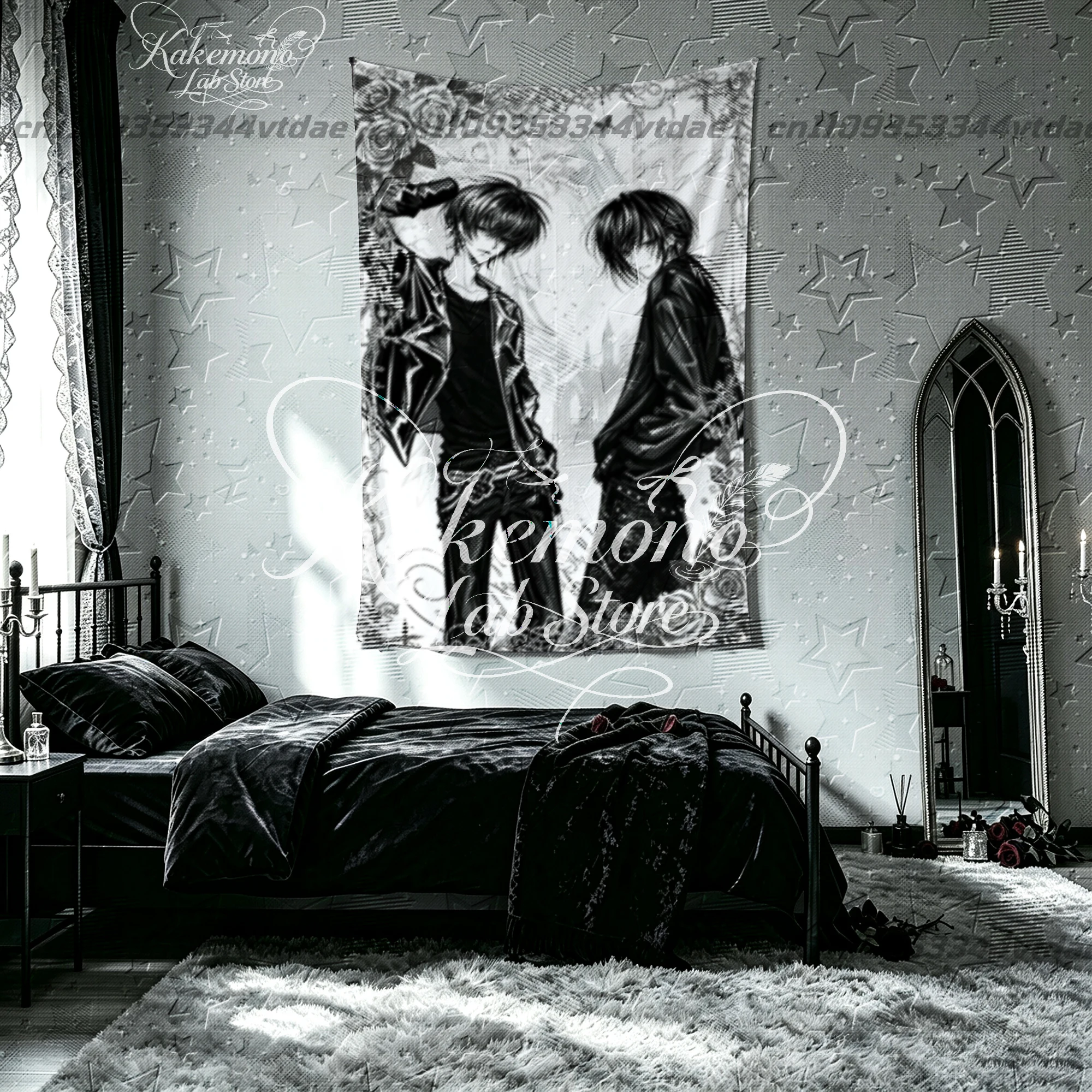 Retro Gothic Male Character Tapestry Monochrome Rose Castle Art Wall Cloth Y2K Aesthetic For Teen Room Home Wall Decor
