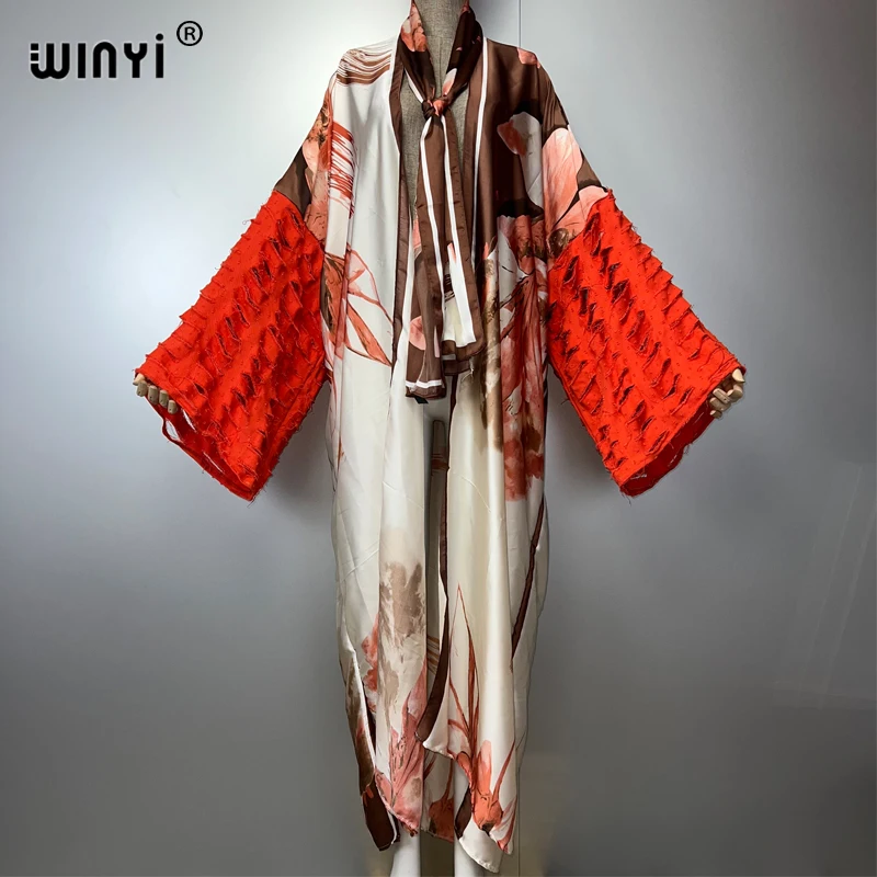 WINYI 着物ファッションマキシドレスビーチウェアカバーアップアバヤドバイ高級カーディガンビーチ衣装女性のためのブロークジーンズ袖コート