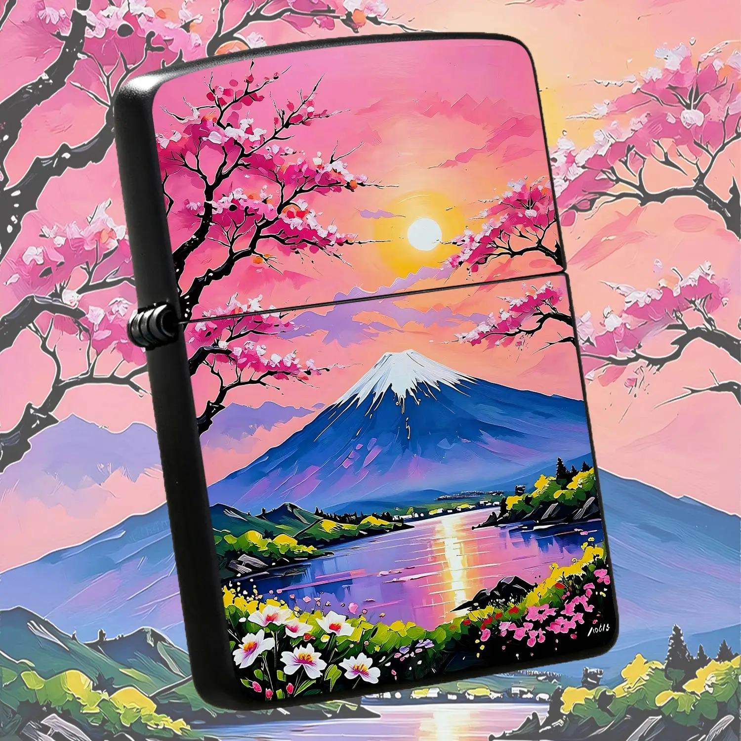 Stylish Mount Fuji Cherry Blossom Pattern Lighter, Vibrant Scenery Art Print Portable Igniter For Outdoor Camping, Daily Use, Aesthetic Exquisite Multi-Functional Ignition Tool, Ideal Thoughtful Gift For Friends Family A Humorous And Intere