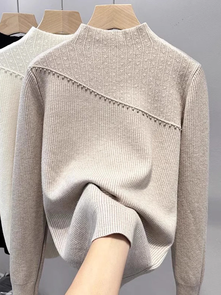 Women's Fce Lined f High Ne Knitwear Thiened Inteated Fce Base irt Trendy Bead Embellied Autumn Winter New...