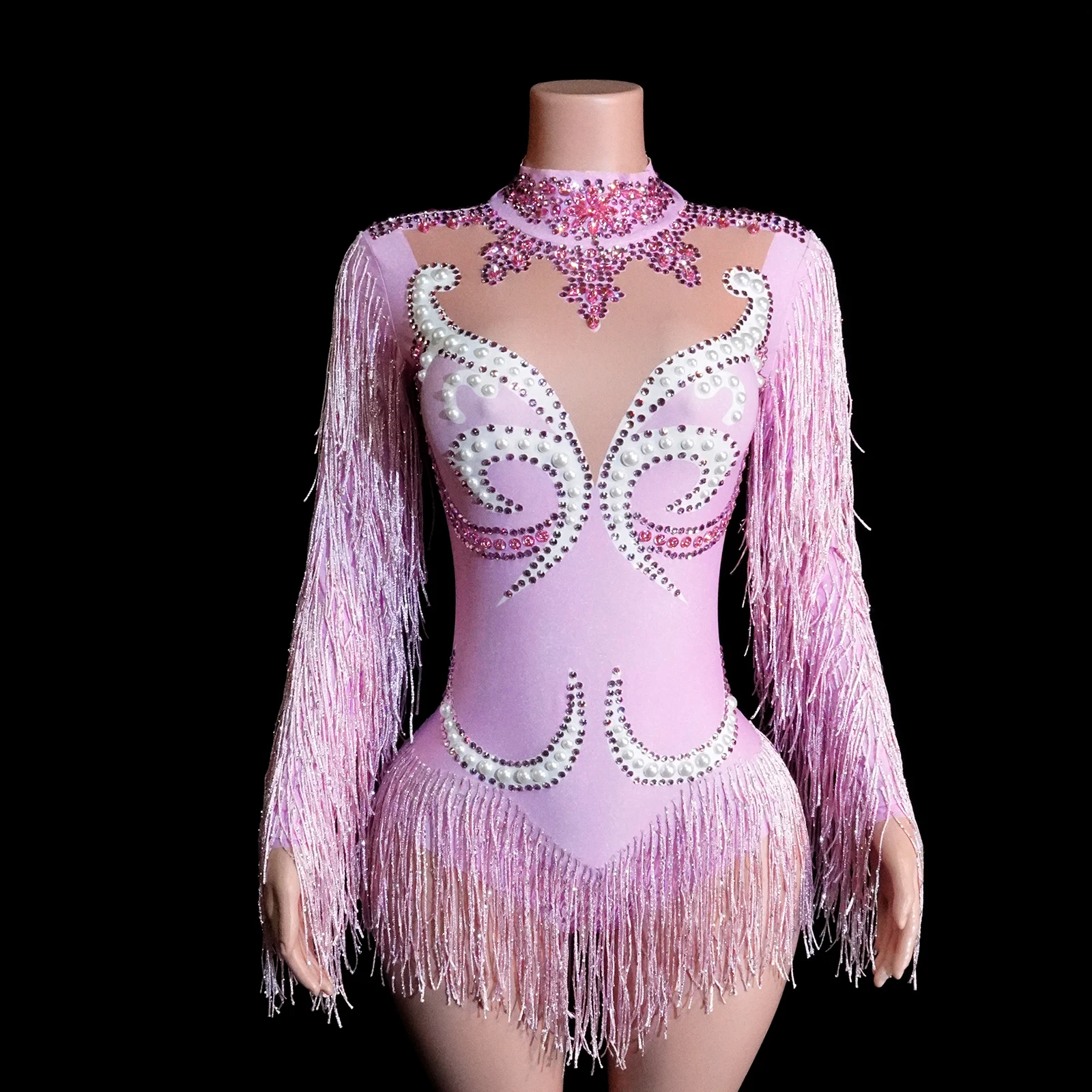 

Sexy Transparent Mesh Tassel Suit Stage Performance Nightclub Show Outfit New Style Purple Sparkly Rhinestone Women Jumpsuit