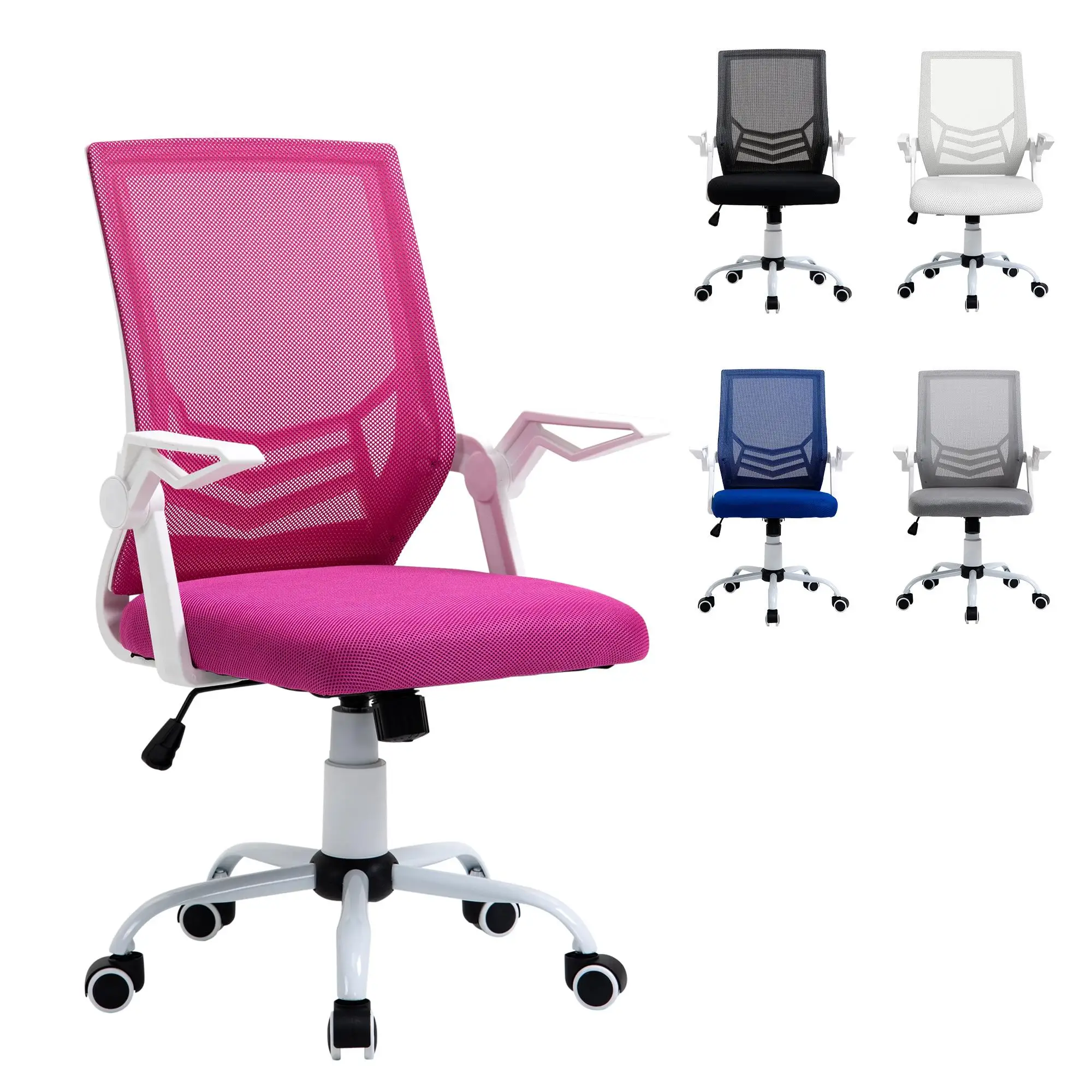 Chaise de bureau ergonomique réglable en hauteur, dossier en maille respirante, support lombaire, accoudoirs pliables, rose, 120kg