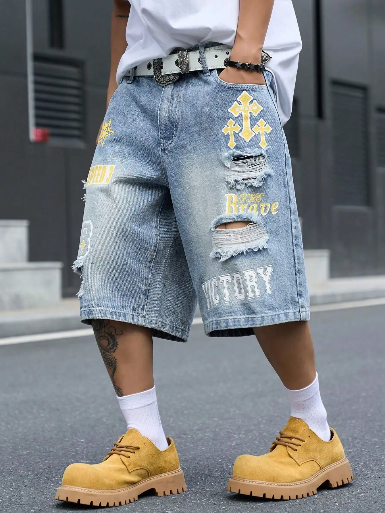 Men's Loose Fit Denim Bermuda Shorts, Vintage Distressed Letter Print Knee-Length Jeans, Y2K Hip Hop Streetwear view 4