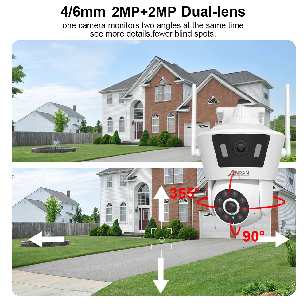 ANRAN Dual Lens Wifi Camera 4MP Security Camera Dual Live View Color Night Vision Two Way Audio PIR Detect,7/24 Continue Record