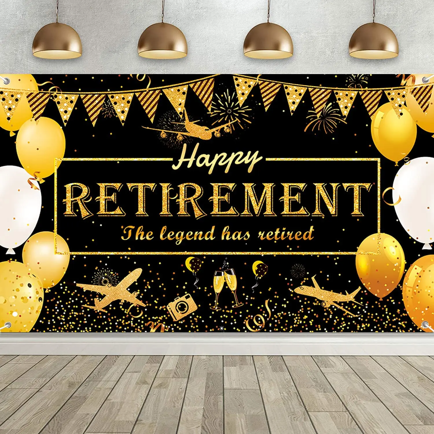 

Happy Retirement Party Banner Decorations Supplies Black Gold Theme photography Background Happy Retirement Photo Booth Backdrop