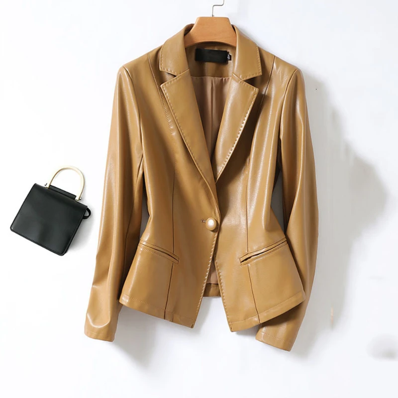 Women Casual Office Blazer Faux Leather Suit Jacket Spring Autum PU Sheepskin Coat Female Slim Single Buckle Lady Outerwear