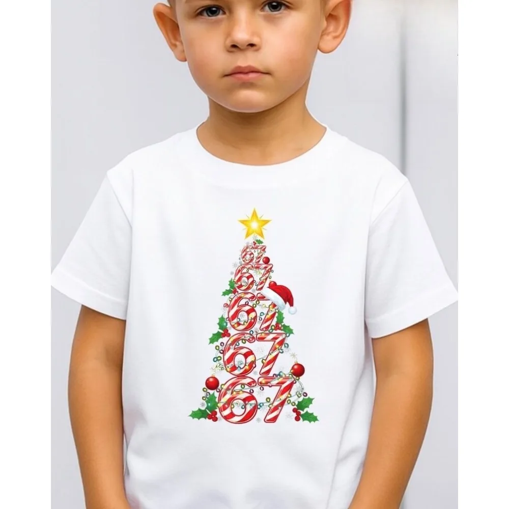 2025 Funny 67 Christmas Costume Shirt Trendy Christmas 67 Tree Printed Tshirt Children Boys and Girls Holiday Tee Kids Xmas Tops