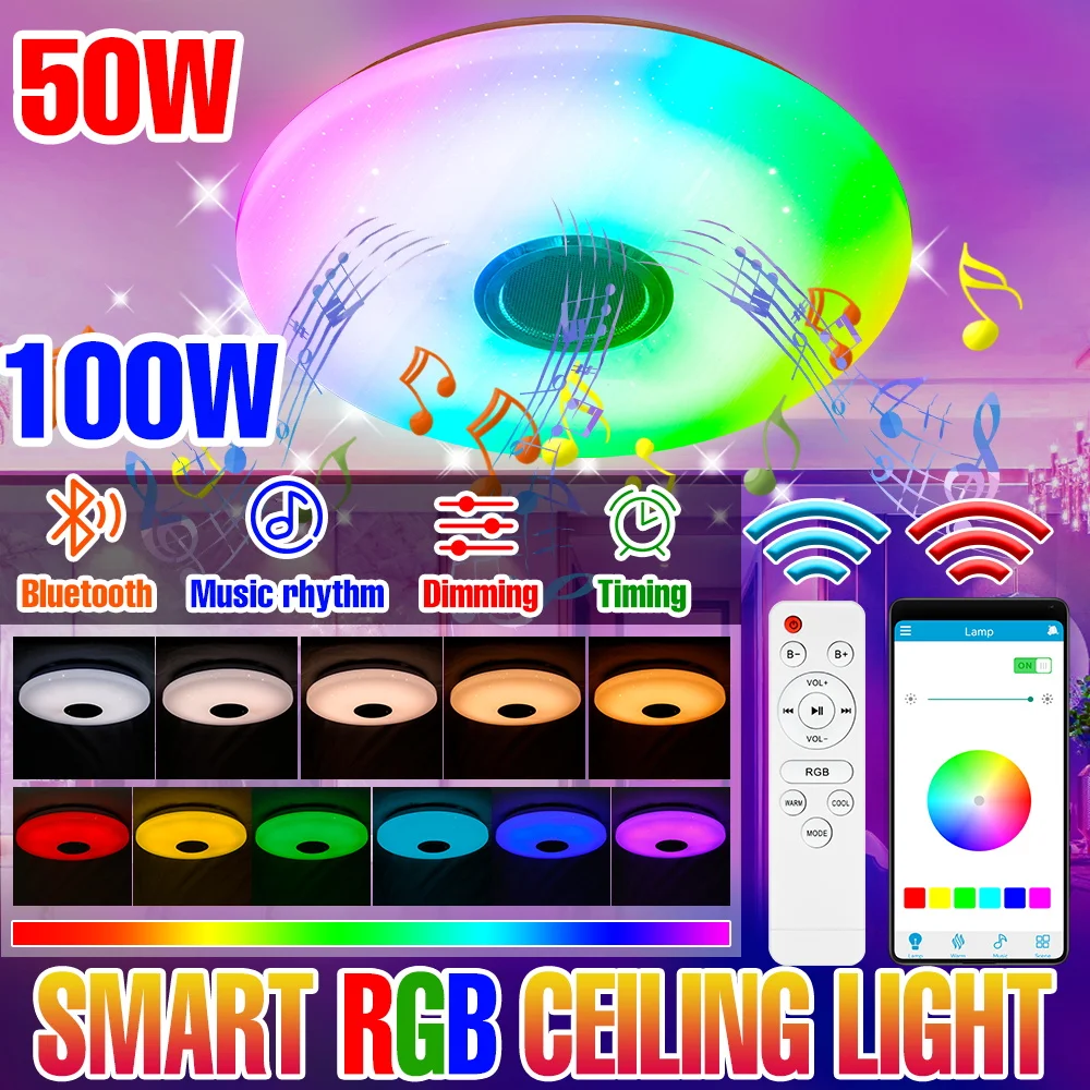 

100W RGB LED Atmosphere Lamp Round Smart Ceiling Light Bluetooth Connection APP Remote Control Dimming Home Decor Lighting