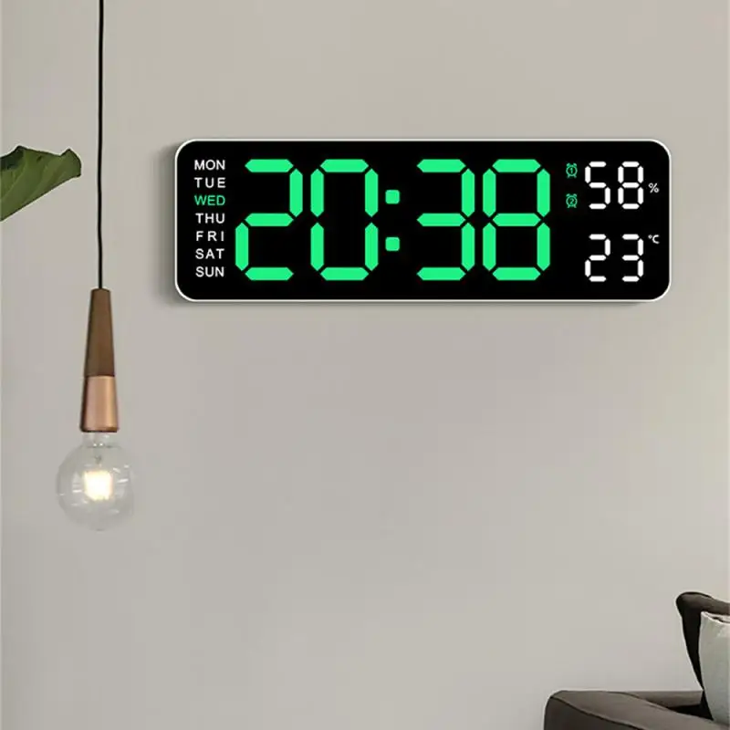 9 Inch Large Digital Wall Clock USB Powered TEMP Humidity Week Auto Dimmer DST Table Clock 12/24H Electronic LED Alarm Clock