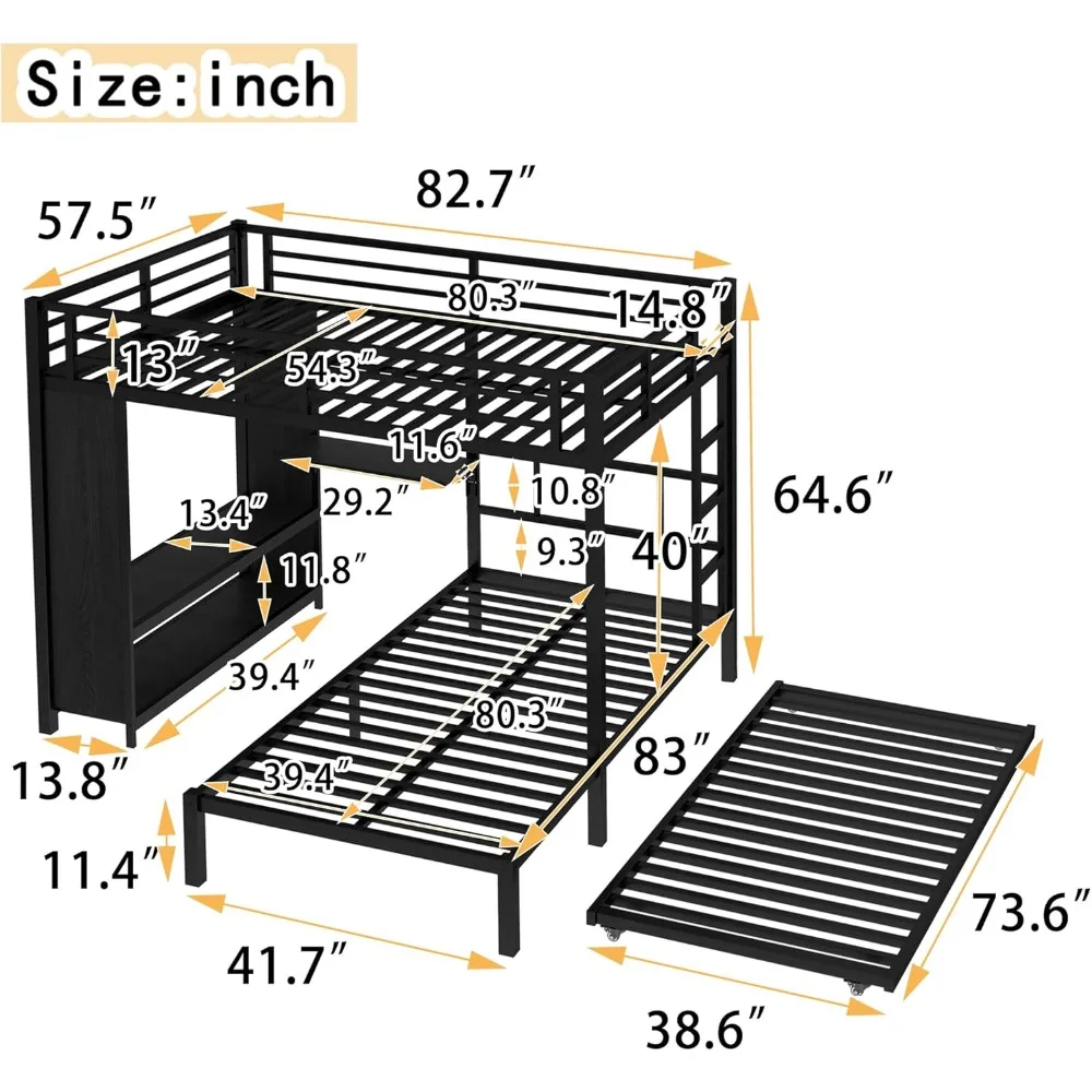 Heavy-Duty Metal Twin Bunk Bed with Built-In Wardrobe and Foldable Desk, Full Over Frame, Space-Saving Design