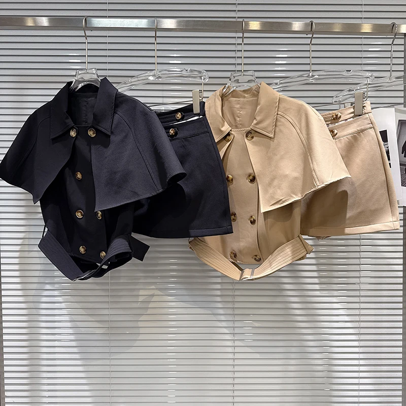 Spring and Autumn Female Retro British Style Double Breasted Cape Jacket Top+high Waist Mini Skirt Set Women Two-piece Set