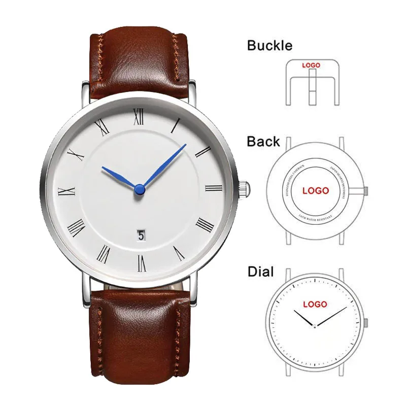 Relógio Masculino de Design Clássico com Logo Personalizado da Marca, Relógio com Números Romanos