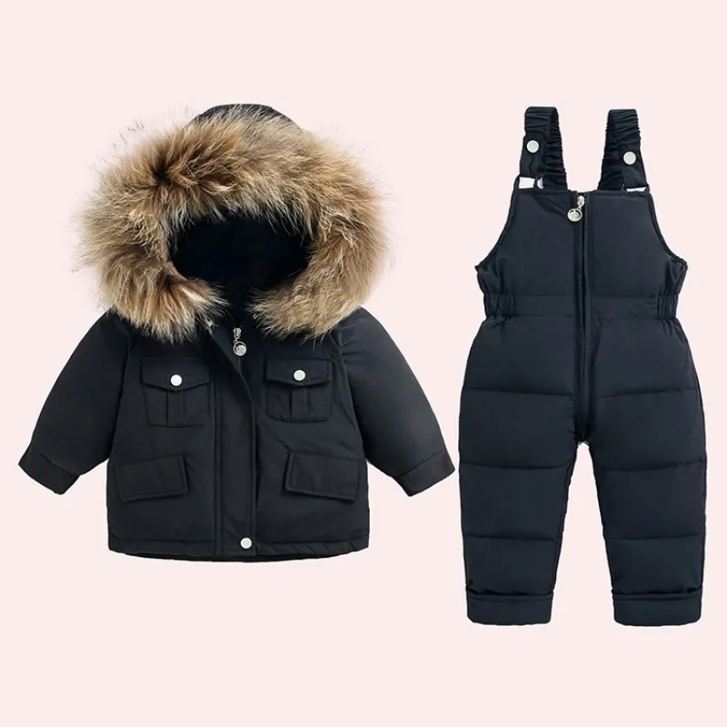 Winter New 2 3 4 5 6 Years Baby Child Clothing Thick Fur Hooded Jacket+Overalls Suit 2Pcs Duck Down Set for Kids Girls Boys