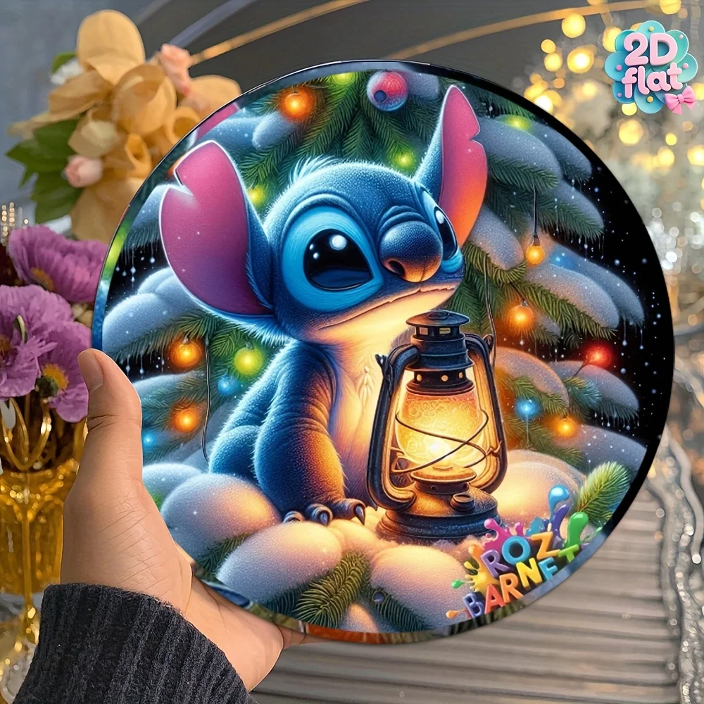 قطعة واحدة من لافتة فنية جدارية معدنية مستديرة لعيد الميلاد - ديكور عطلة عتيق مع مشهد ثلجي وأضواء وامضة، منزل ألومنيوم متين