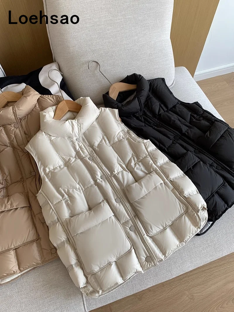 

New 2023 Fashion Women Jacket White Black Khaki 90% White Duck Down Outdoor Windproof Warm Striped Female Winter Vest Short Coat