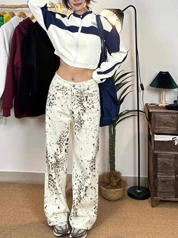 Fashion Slim Casual Loose Woman Jeans American Retro High Street Leopard Women Jeans High Waist Straight Pants Female Chicly